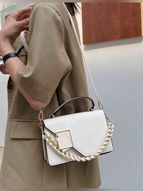 Women’s Cream White Top-Handle Crossbody bag w/ Gold & White Chain, Shein purse
